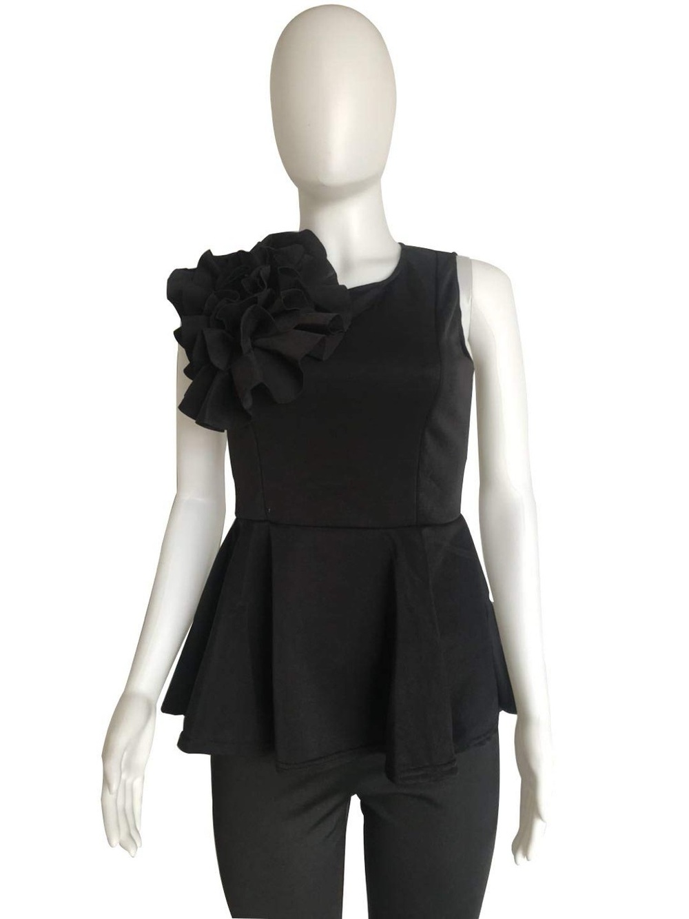 Designer Black Sleeveless Peplum blouse with Large Floral Rosette ladies M